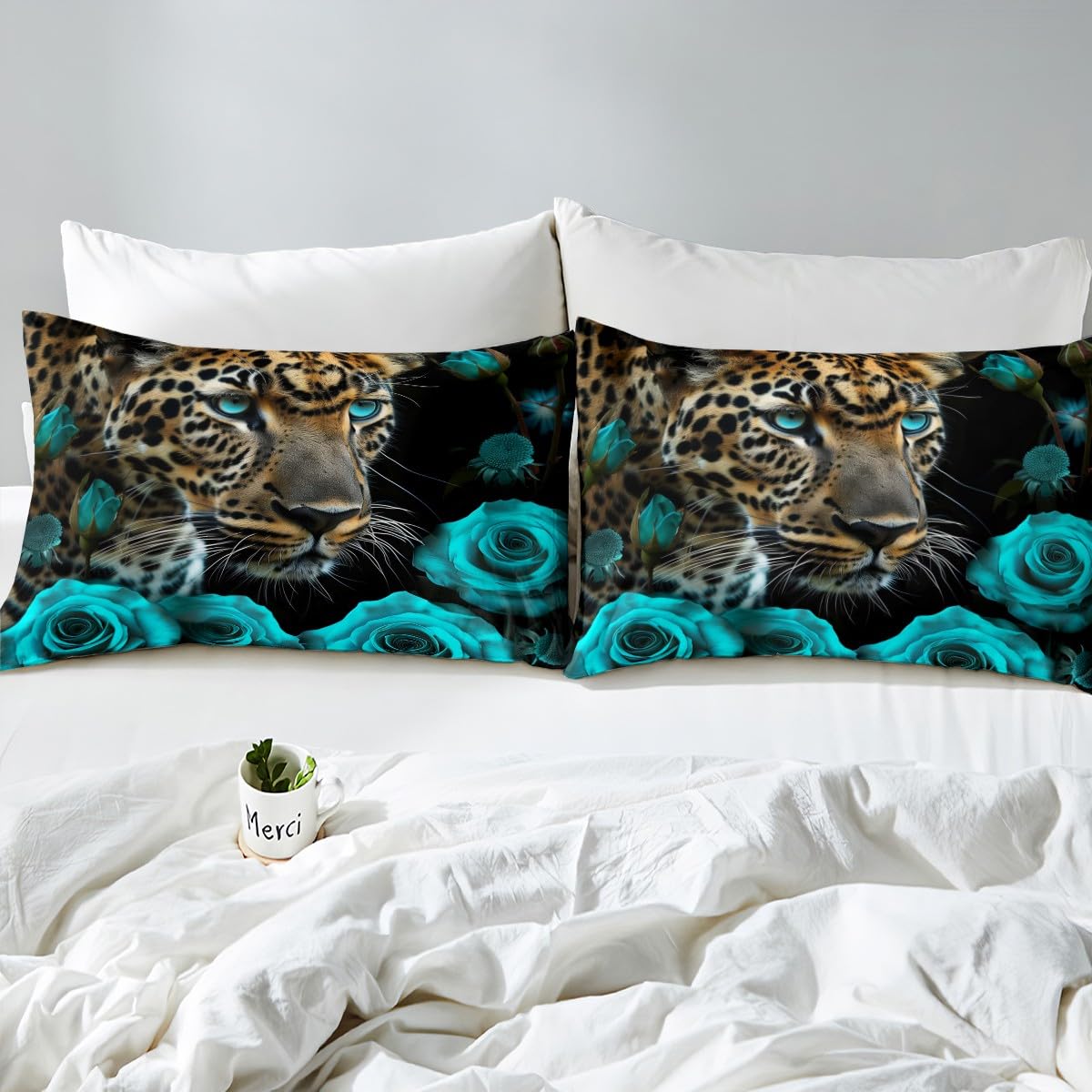 Leopard Bedding Set Turquoise Teal Rose Comforter Cover for Men Women,Cheetah Print Duvet Cover African Safari Animals Big Cat Spot Bed Set Queen,Romantic Flowers Wildlife Wild Animal Room Decor