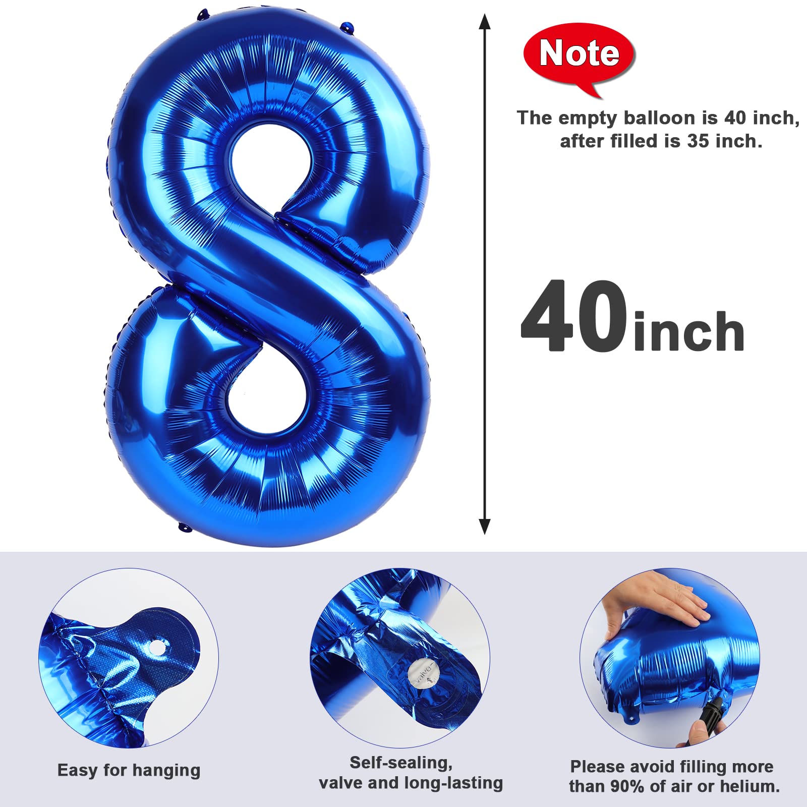 40 Inch Number 8 Balloon, Giant Navy Blue 8 18 28 80 Birthday Balloons for Men Boys, 8th Birthday Decorations Party Supplies, Wedding Anniversary, Graduations