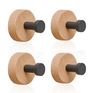 funnytek adhesive wood coat hooks - 4 pack beech wood wall hooks natural rustproof coat rack adhesive hooks for wall, towel hooks for hanging coats, hats, bags, keys (style c)