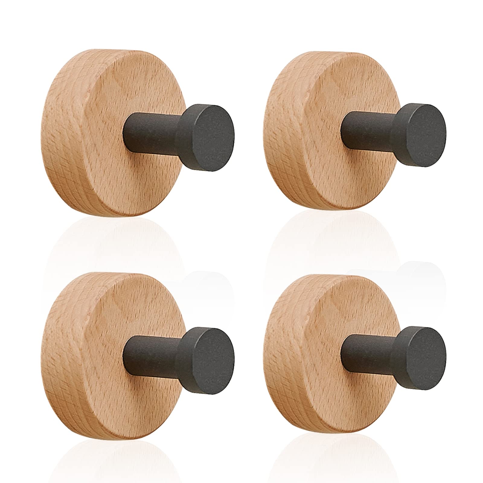 Funnytek Adhesive Wood Coat Hooks - 4 Pack Beech Wood Wall Hooks Natural Rustproof Coat Rack Adhesive Hooks for Wall, Towel Hooks for Hanging Coats, Hats, Bags, Keys (Style C)