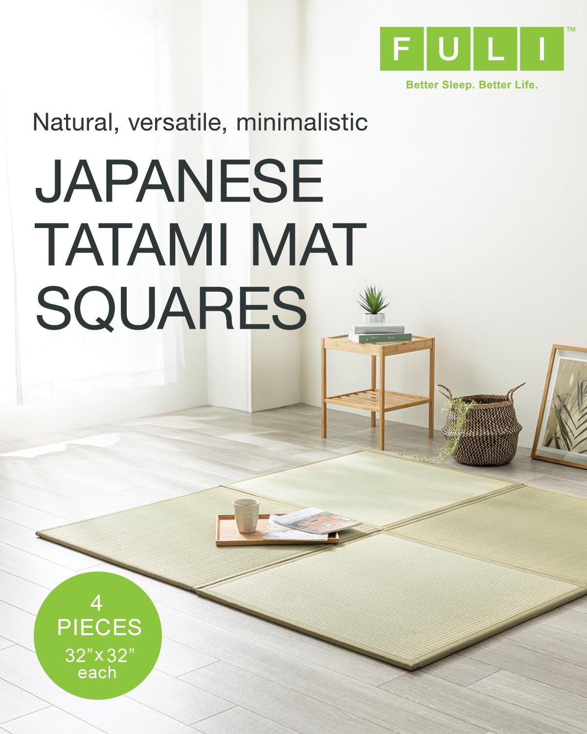 FULI Japanese Square Tatami Rug, Lightweight Igusa Mat (Japanese Rush Grass), Made in Japan (Natural, 4 Pieces)