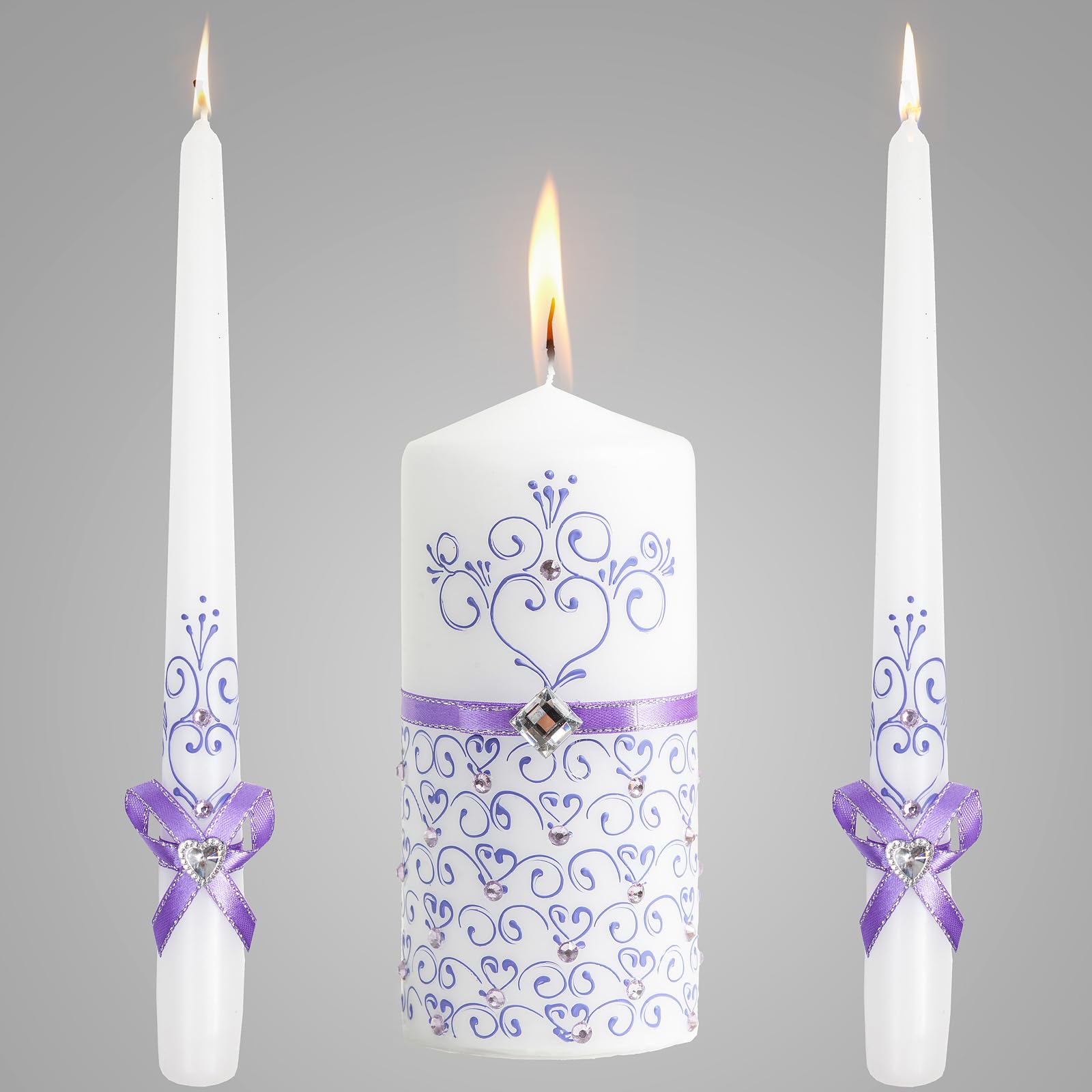 Wedding Candles for Ceremony Set Violet - Unity Candles Set of 3 Ceremonial Candles - 6" Pillar & 2 10" Tapers Wedding Candles velas matrimoniales