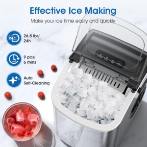 Joy Pebble Ice Maker Countertop with Handle, Self-Cleaning Portable Ice Machine with Basket and Scoop, 26Lbs/24H, 9 Cubes Ready in 6-8 Mins, for Home/Office/Kitchen, Stainless Steel