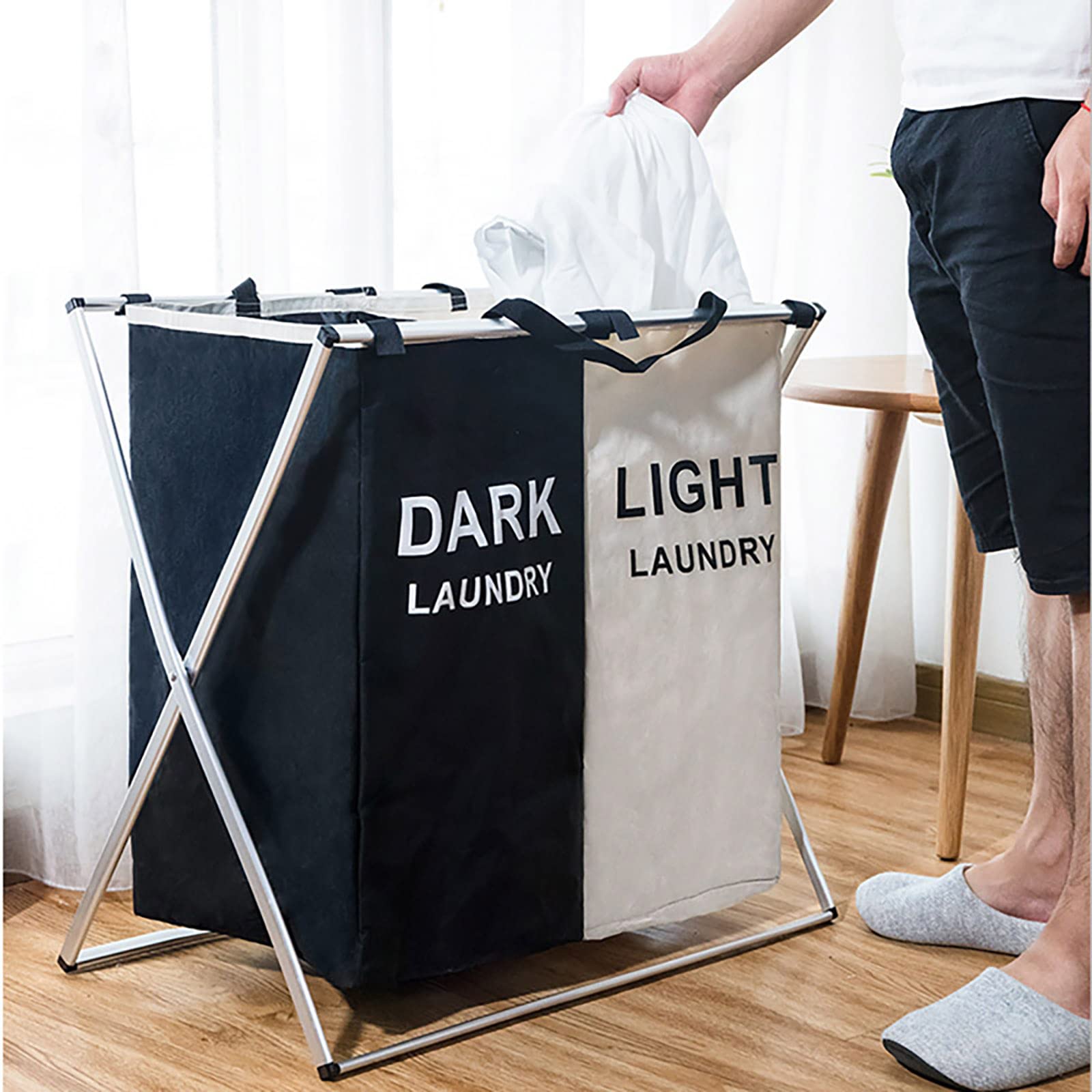 Large Laundry Basket, 2/3 Section Foldable Dirty Clothes Hamper for Laundry, Tall Divided Laundry Sorter with Removable Bag, Modern Collapsible Waterproof Laundry Hamper for Home (Black White)