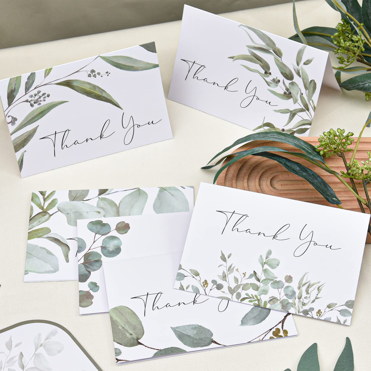 Crisky 50 Pack Greenery Thank You Greeting Cards with Envelopes & Stickers.6 Design Watercolor Greenery Greeting Cards Perfect for: Wedding/BabyShower/Birthday/Graduation. 4x6 Folded, Tented, Bulk