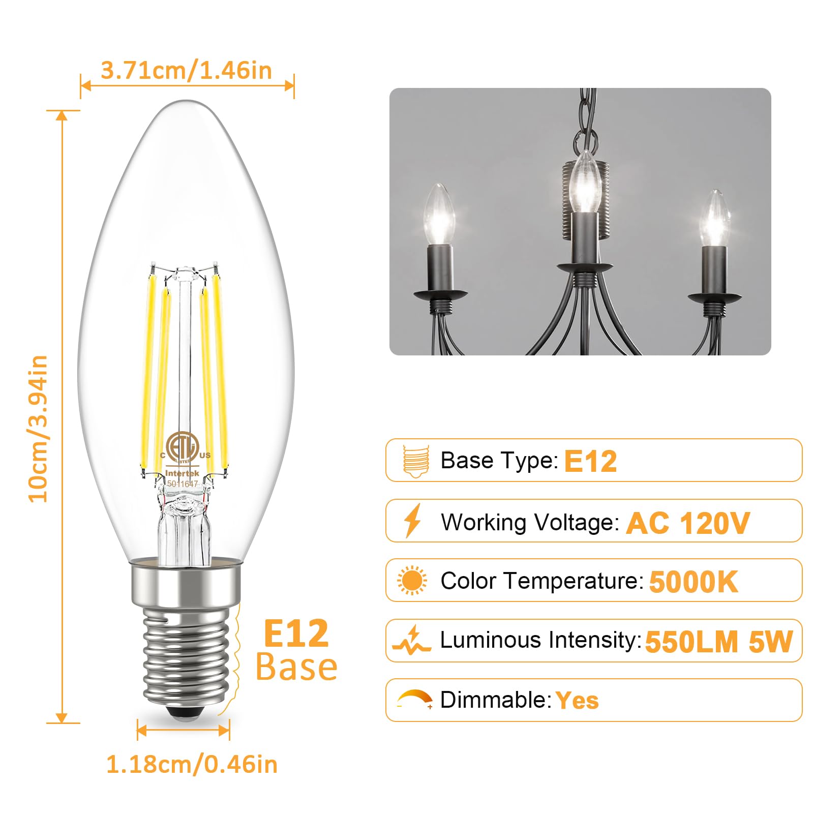 Volxon E12 Candelabra Bulb 60 Watt Equivalent, B11 C35 Dimmable Led Chandelier Light Bulbs, Bright E12 Led Bulb Daylight White 5000k 550 LM, Clear Glass, for Chandeliers, Ceiling Fan, 5 Pack