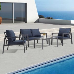 Soleil Jardin 4-Piece Aluminum Outdoor Patio Furniture, Patio Conversation Sofa Set with Removable Cushions, Tempered Glass Top Coffee Table, Dark Grey Finish & Denim Blue Cushion