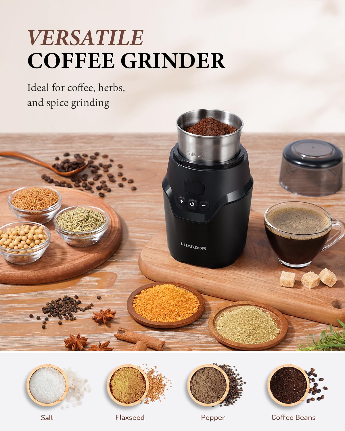 SHARDOR Adjustable Coffee Grinder Electric, Super Silent Electric Coffee Bean Grinder with Time-Memory Adjustment and Multi-Functional Stainless Steel Cup for Spices, Herbs, and Nuts Grinding, Gray