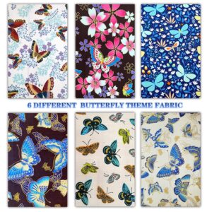 Butterfly Fabric,6 PCS Butterflies Floral Fat Quarters Fabric Bundles,20 x 16 Inches/50 x 40 cm Flowers Leaves Cute Sewing Fabric Material Squares for DIY Crafts Projects Party Decoration