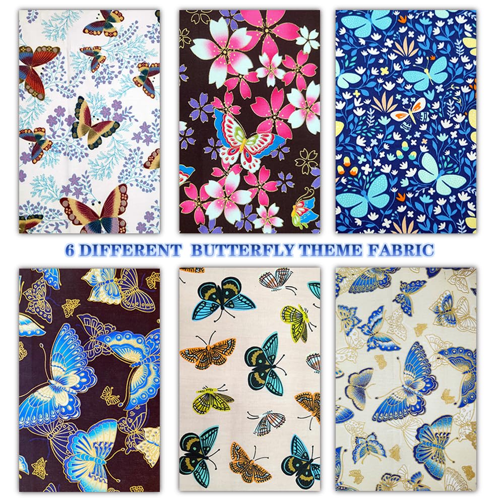 Butterfly Fabric,6 PCS Butterflies Floral Fat Quarters Fabric Bundles,20 x 16 Inches/50 x 40 cm Flowers Leaves Cute Sewing Fabric Material Squares for DIY Crafts Projects Party Decoration