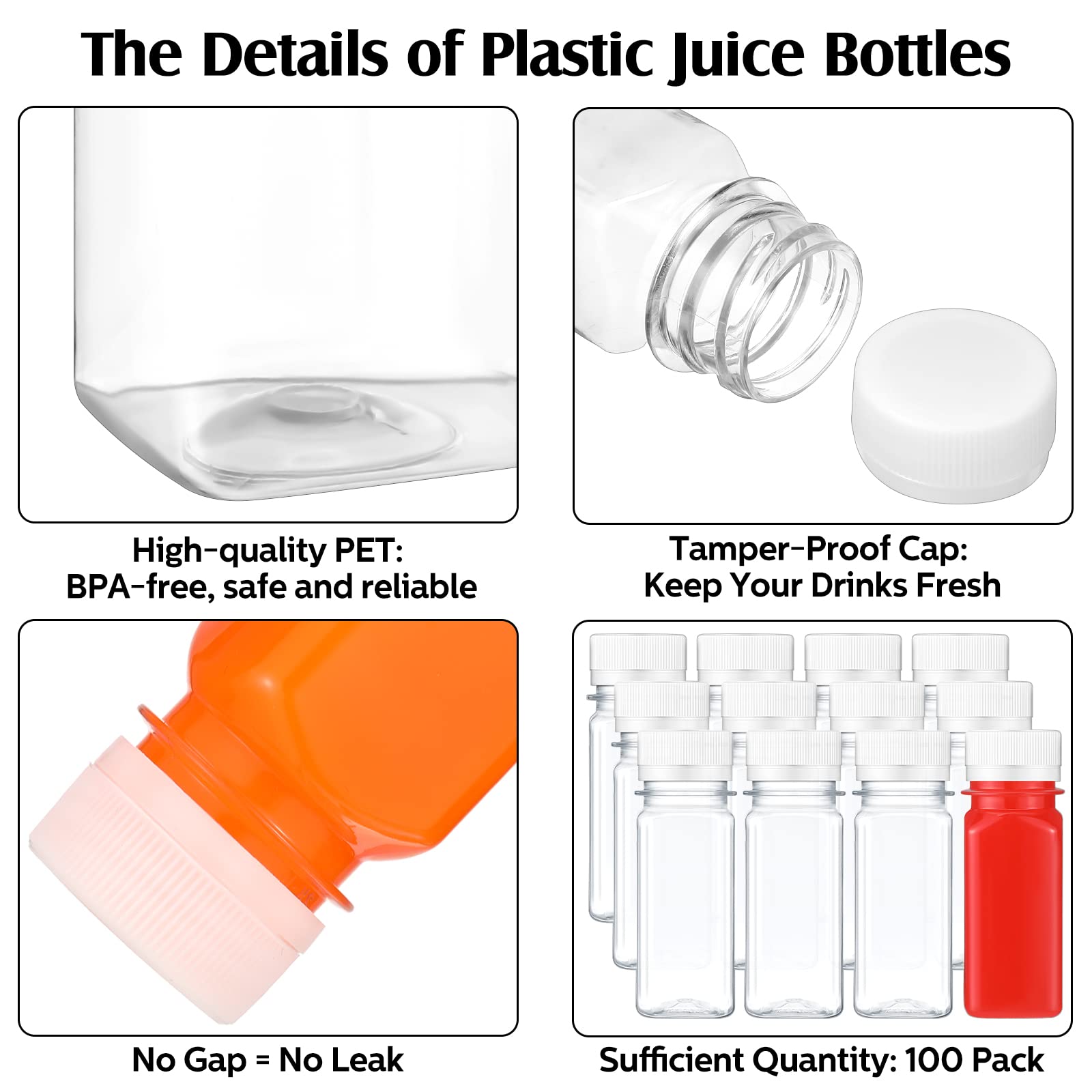 100 Pcs 2oz Small Clear Plastic Juice Bottles with Lid for Liquids Reusable Ginger Shots Bottle Vial Beverage Container Leak Proof Mini Jars for Juice, Milk, Water (White)