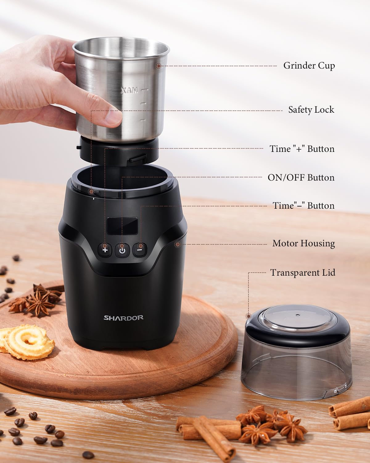 SHARDOR Adjustable Coffee Grinder Electric, Super Silent Electric Coffee Bean Grinder with Time-Memory Adjustment and Multi-Functional Stainless Steel Cup for Spices, Herbs, and Nuts Grinding, Gray