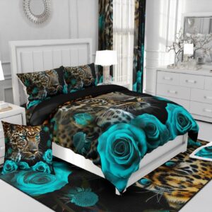 Leopard Bedding Set Turquoise Teal Rose Comforter Cover for Men Women,Cheetah Print Duvet Cover African Safari Animals Big Cat Spot Bed Set Queen,Romantic Flowers Wildlife Wild Animal Room Decor