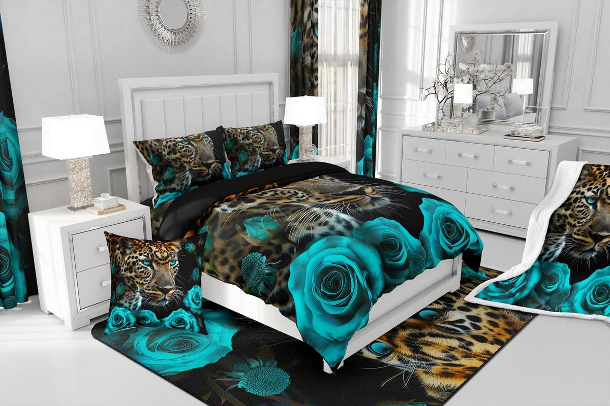 Leopard Bedding Set Turquoise Teal Rose Comforter Cover for Men Women,Cheetah Print Duvet Cover African Safari Animals Big Cat Spot Bed Set Queen,Romantic Flowers Wildlife Wild Animal Room Decor