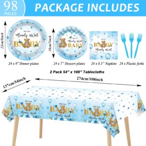 98 PCS Bear Baby Shower Decorations We Can Bearly Wait Tableware Set Baby Shower Themed Tablecloth Plates Boho Napkins Forks for Boy Girl Baby Shower Gender Reveal Birthday Party Supplies