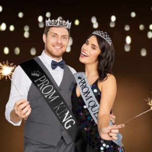 Lyrow 4 Pcs Prom King and Queen Crown Set with Sashes and Tiara Prom Sashes for Graduation Halloween Costume(Silver, Silver)