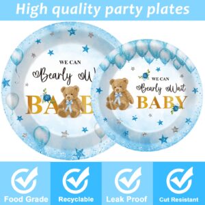 98 PCS Bear Baby Shower Decorations We Can Bearly Wait Tableware Set Baby Shower Themed Tablecloth Plates Boho Napkins Forks for Boy Girl Baby Shower Gender Reveal Birthday Party Supplies