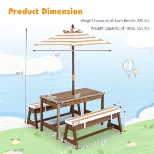 Costzon Kids Picnic Table, Toddler Wood Table & Chair Set w/Cushions, Height Adjustable Umbrella, Children Activity Table Outdoor Furniture Set for Patio, Garden, Backyard, Gift for Ages 3-8 (Coffee)