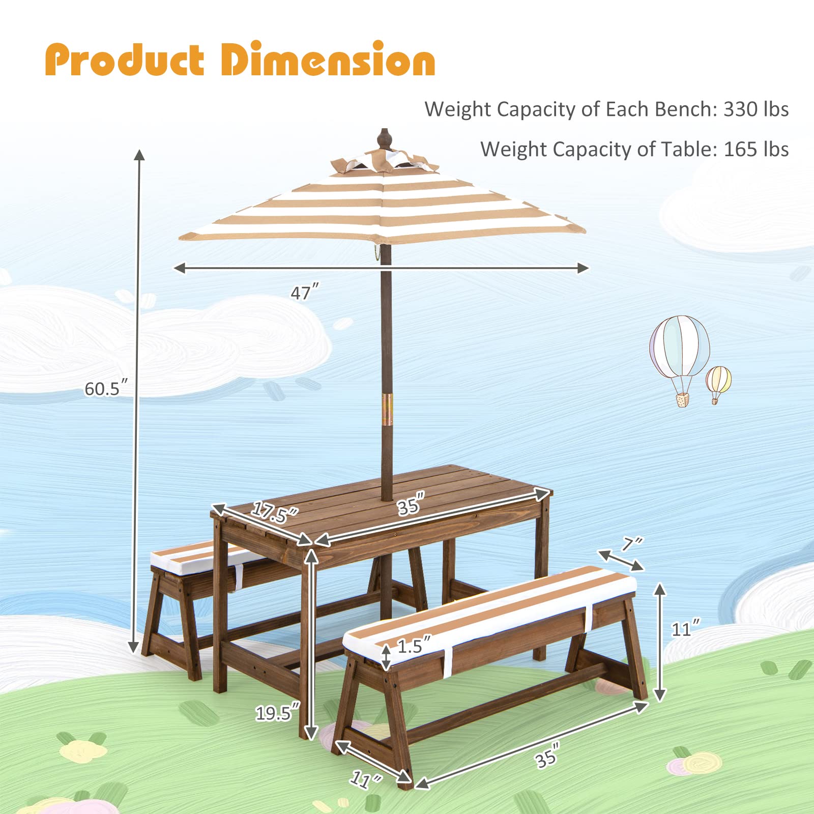 Costzon Kids Picnic Table, Toddler Wood Table & Chair Set w/Cushions, Height Adjustable Umbrella, Children Activity Table Outdoor Furniture Set for Patio, Garden, Backyard, Gift for Ages 3-8 (Coffee)