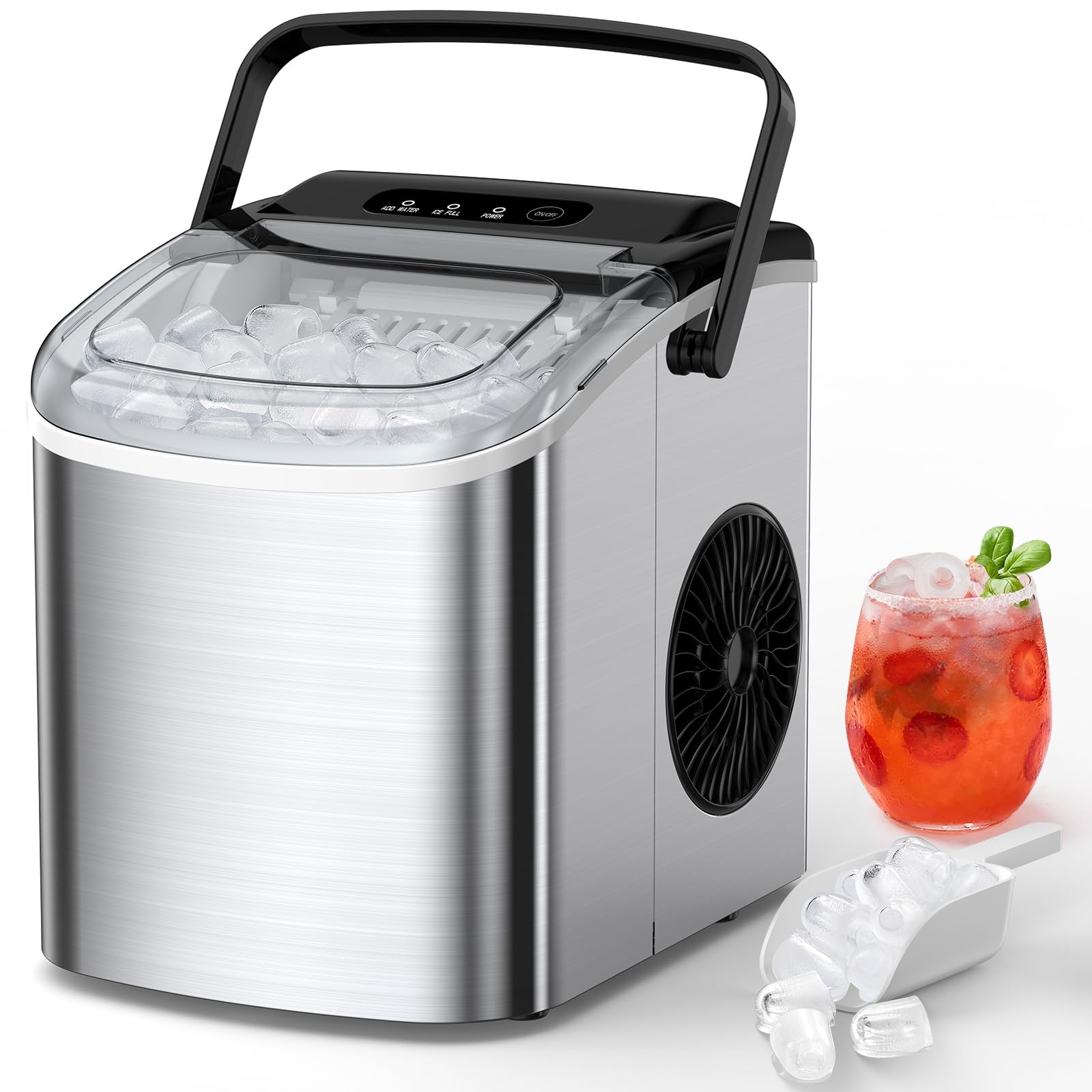 Joy Pebble Ice Maker Countertop with Handle, Self-Cleaning Portable Ice Machine with Basket and Scoop, 26Lbs/24H, 9 Cubes Ready in 6-8 Mins, for Home/Office/Kitchen, Stainless Steel