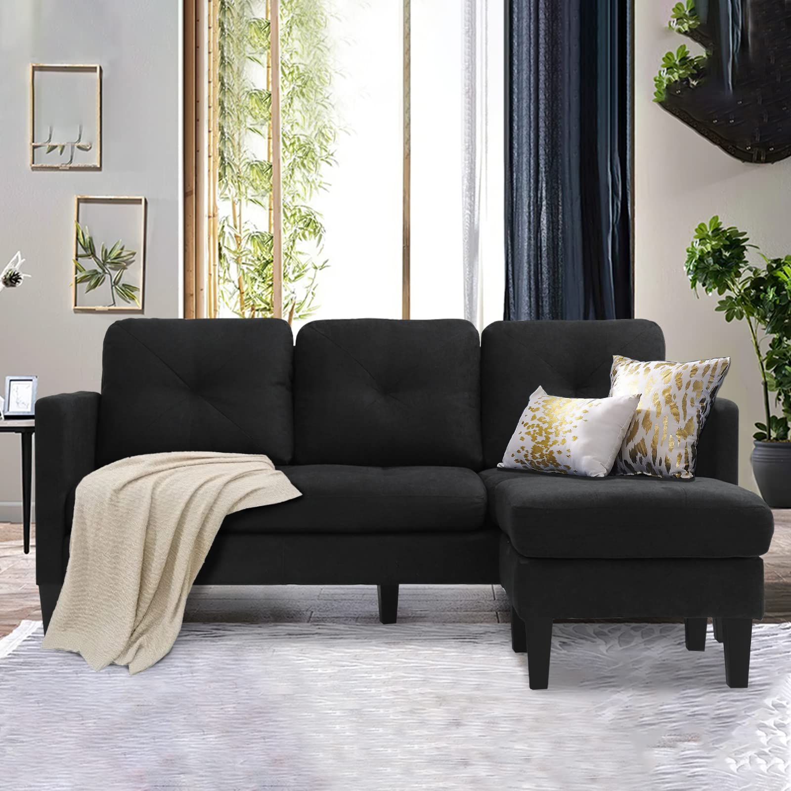 Grepatio Convertible Sectional Sofa Couch, L-Shaped Couch with Modern Linen Fabric for Small Space (Black)