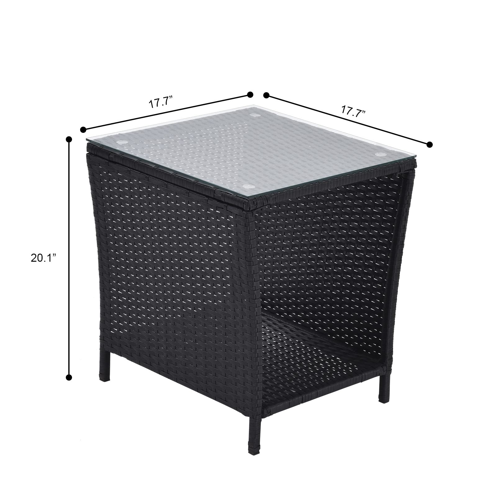 Koruiten Patio Wicker Storage Side Table,Outdoor PE Rattan Woven Coffee End Table with Tempered Glass Top for Indoor Outdoor Porch Lawn Poolside Garden Backyard Balcony(Black)