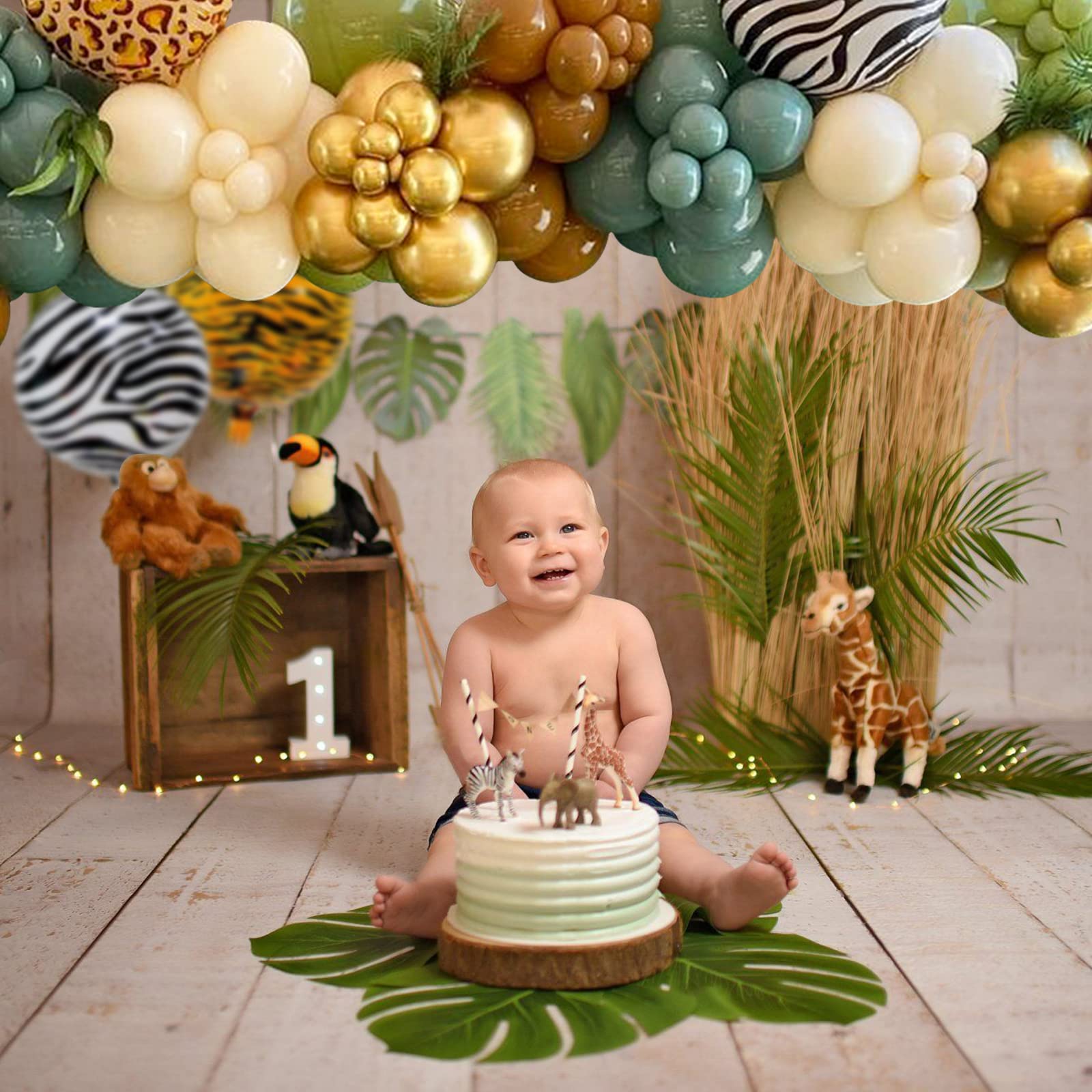 156pcs Jungle Safari Balloon Garland Arch Kit-Sage Green White Balloon with Tropical Animal Decoration for Boy Baby Shower, Wild One Birthday, Woodland Zoo Pals Party Supplies