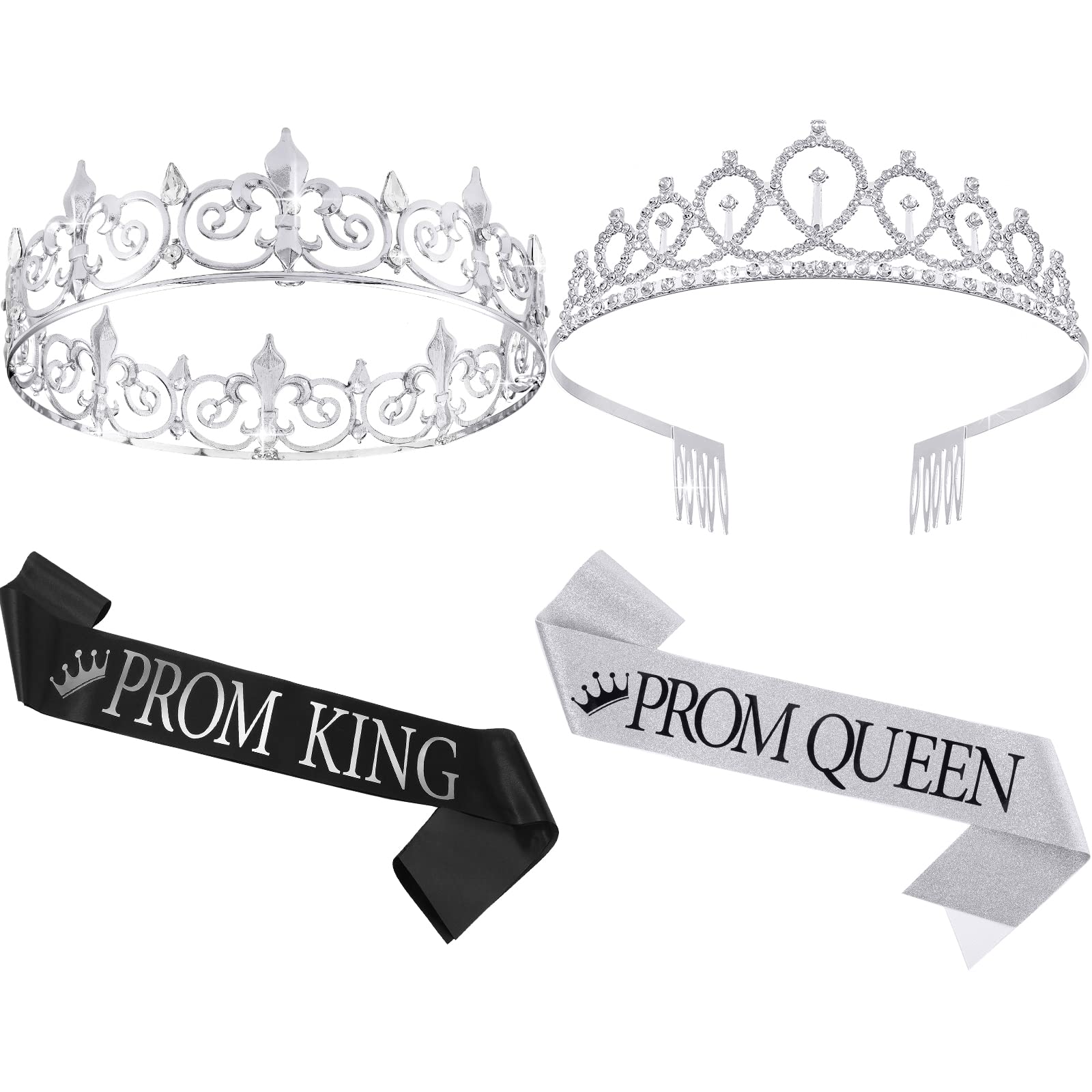 Lyrow 4 Pcs Prom King and Queen Crown Set with Sashes and Tiara Prom Sashes for Graduation Halloween Costume(Silver, Silver)