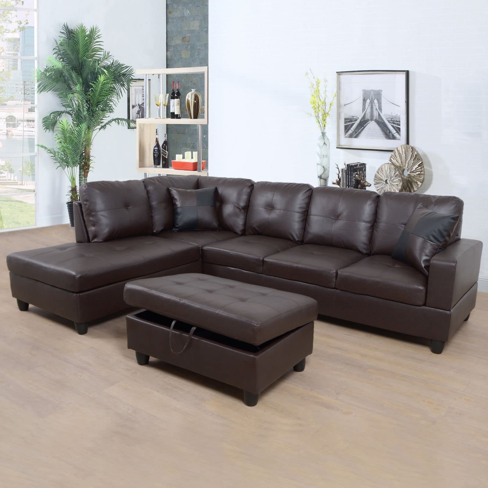 Plithzy Leather Sofa for Living Room,103" Sectional Sofa with Storage Ottoman,L Shape Couch Leather Living Room Furniture (Brown, Left Facing)