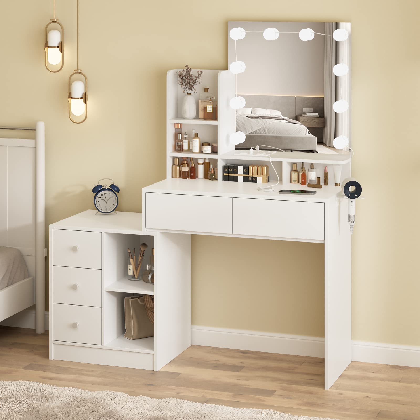 Vabches Makeup Vanity with Lights and Charging Station, Functional White Vanity Table with 5 Drawers and Lots Storage Shelves for Women Girls, 48.3in(W)