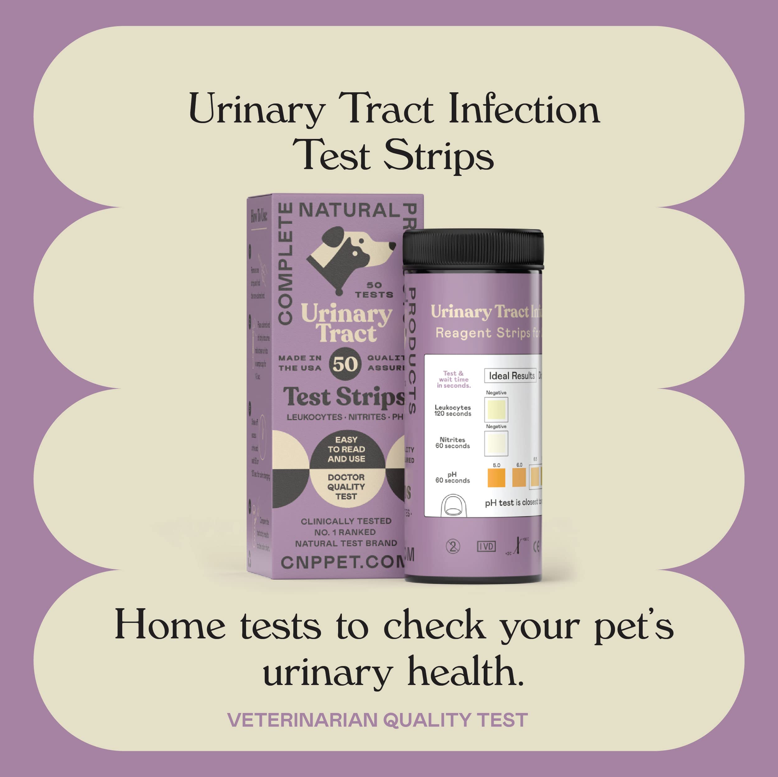 Complete Natural Products UTI Test Strips for Dogs, Cats, & Pets - 3 in 1-50 Count - Urinary Tract Issues - Test Strips for Pets