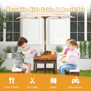 Costzon Kids Picnic Table, Toddler Wood Table & Chair Set w/Cushions, Height Adjustable Umbrella, Children Activity Table Outdoor Furniture Set for Patio, Garden, Backyard, Gift for Ages 3-8 (Coffee)