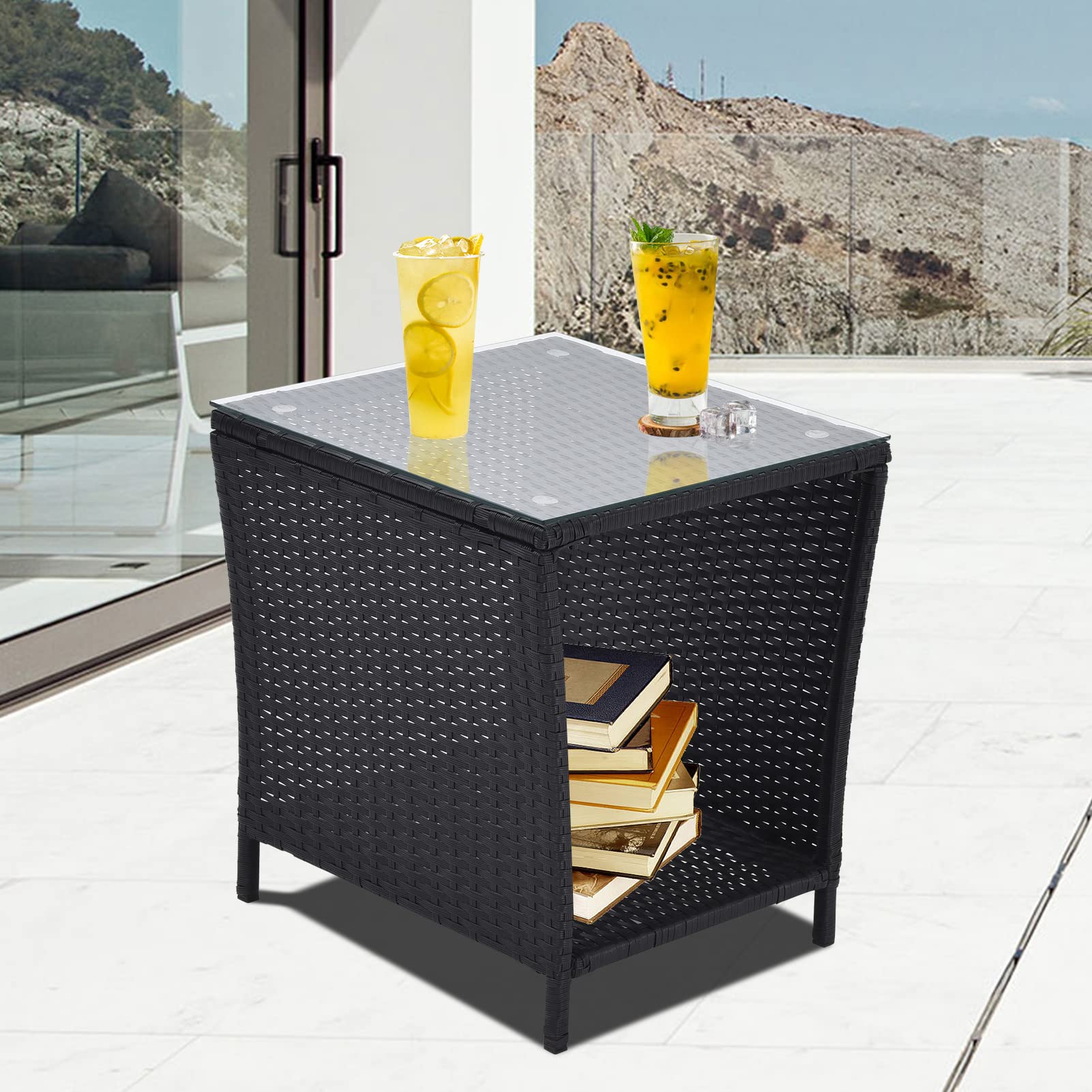 Koruiten Patio Wicker Storage Side Table,Outdoor PE Rattan Woven Coffee End Table with Tempered Glass Top for Indoor Outdoor Porch Lawn Poolside Garden Backyard Balcony(Black)