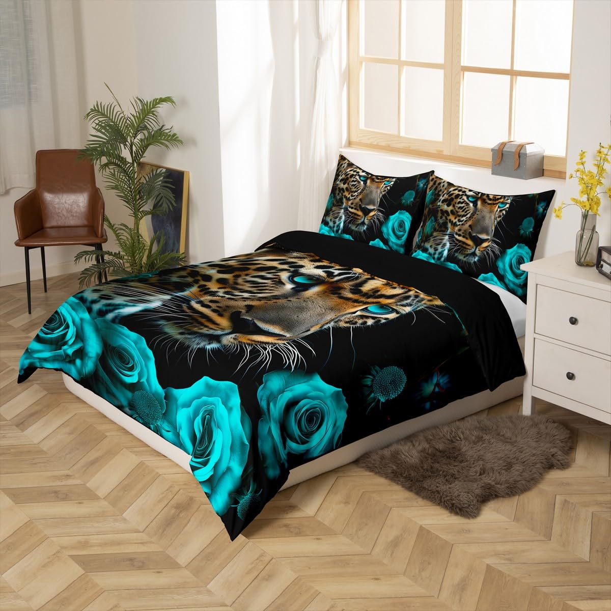 Leopard Bedding Set Turquoise Teal Rose Comforter Cover for Men Women,Cheetah Print Duvet Cover African Safari Animals Big Cat Spot Bed Set Queen,Romantic Flowers Wildlife Wild Animal Room Decor