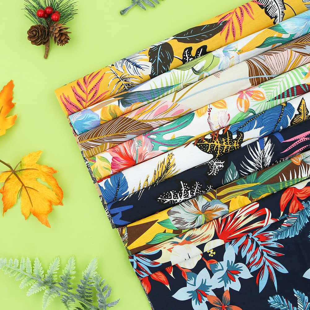 Hawaiian Tropical Fabric 8 Pieces Summer Floral Leaf Pattern Printed Fabric, 15.7 x 19.7 Inch Jungle Palm Hawaii Quilting Patchwork Holiday Fabric Bundles for DIY Crafts Sewing Decor Making Supplies