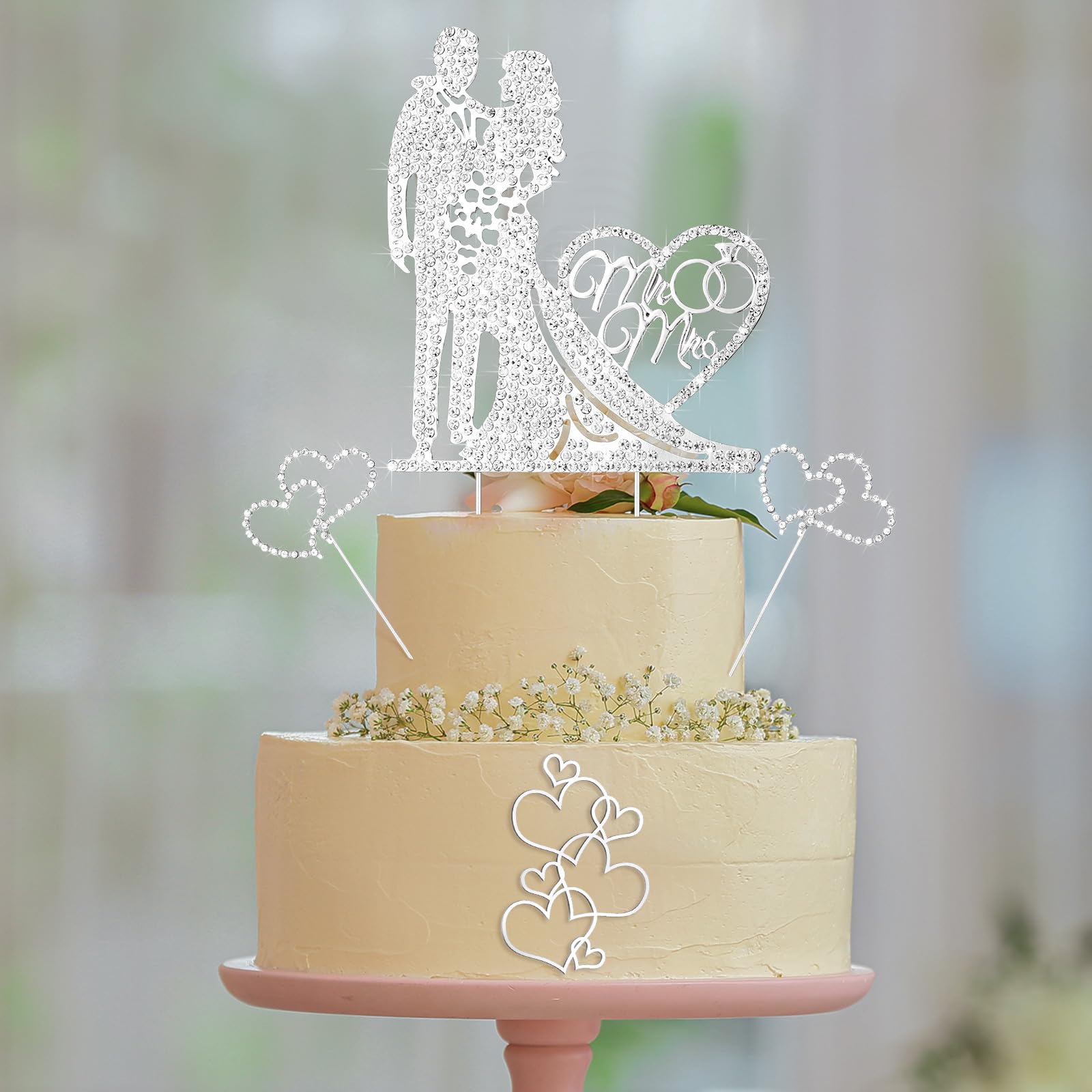 Spiareal 4 Pcs Wedding Cake Topper Mr and Mrs Rhinestone Bride and Groom Love Cake Topper Metal Happy Engagement Anniversary Cake Topper Wedding Party Cake Decor Cake Topper for Bridal Shower(Silver)