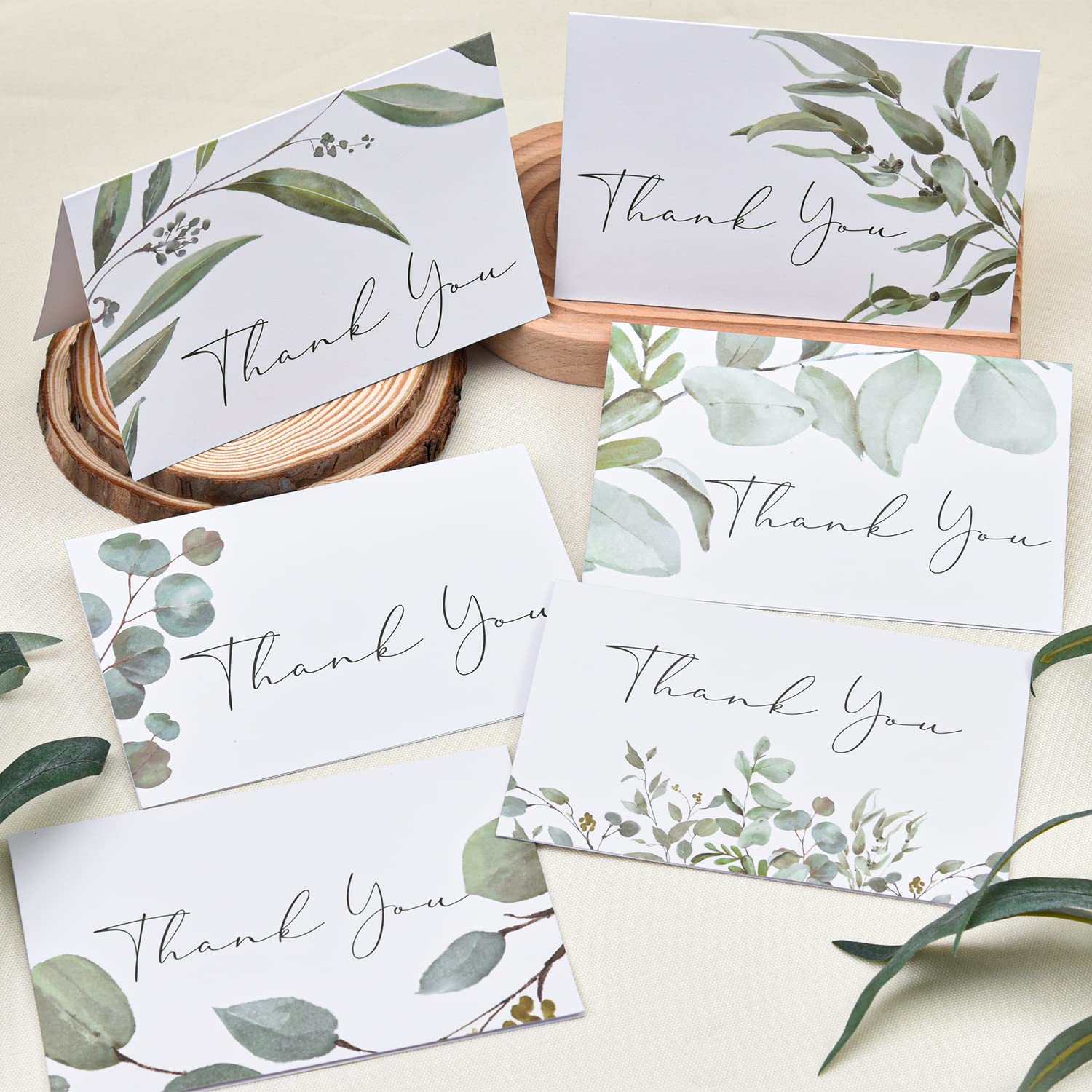 Crisky 50 Pack Greenery Thank You Greeting Cards with Envelopes & Stickers.6 Design Watercolor Greenery Greeting Cards Perfect for: Wedding/BabyShower/Birthday/Graduation. 4x6 Folded, Tented, Bulk