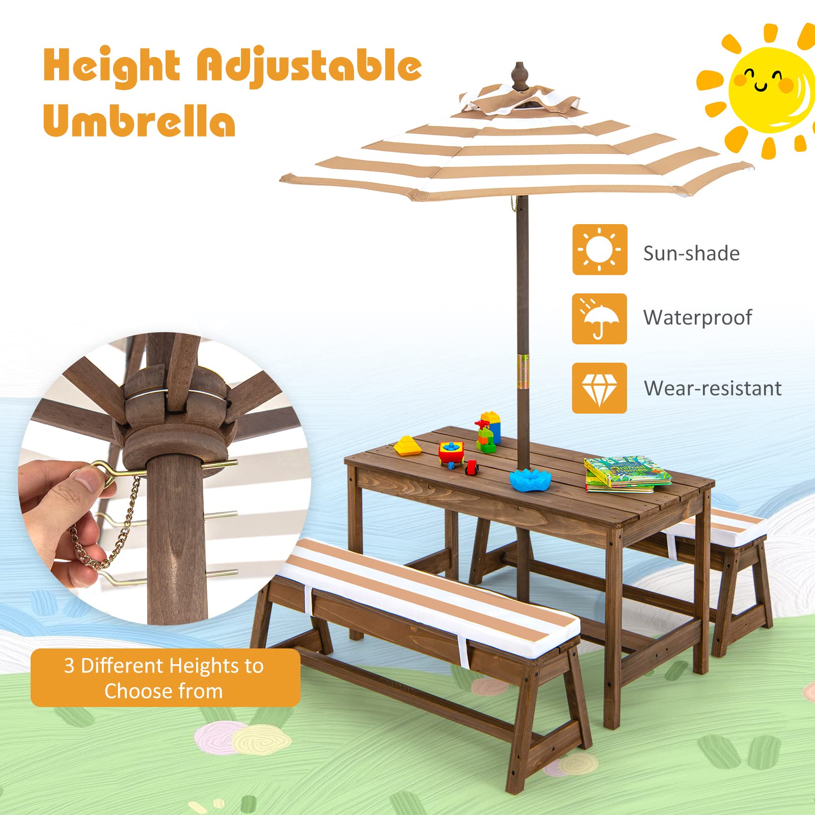 Costzon Kids Picnic Table, Toddler Wood Table & Chair Set w/Cushions, Height Adjustable Umbrella, Children Activity Table Outdoor Furniture Set for Patio, Garden, Backyard, Gift for Ages 3-8 (Coffee)