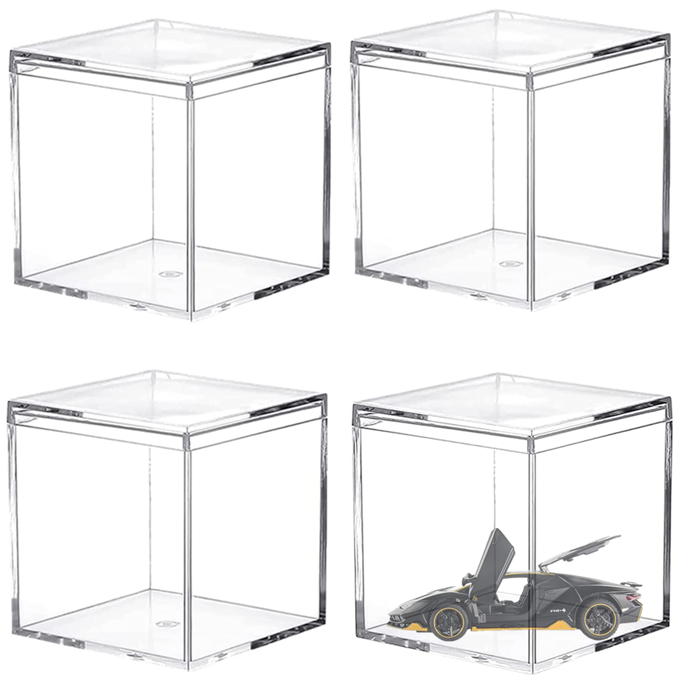 LOVPLAY Large Acrylic Box with Lid 4 Pieces Clear Display Box Plastic Square Cube Wedding Candy Box for Jewelry Collectibles, Minerals,Figurines Storage Containers Decorative Boxes 4x4x4Inch