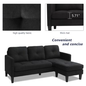 Grepatio Convertible Sectional Sofa Couch, L-Shaped Couch with Modern Linen Fabric for Small Space (Black)