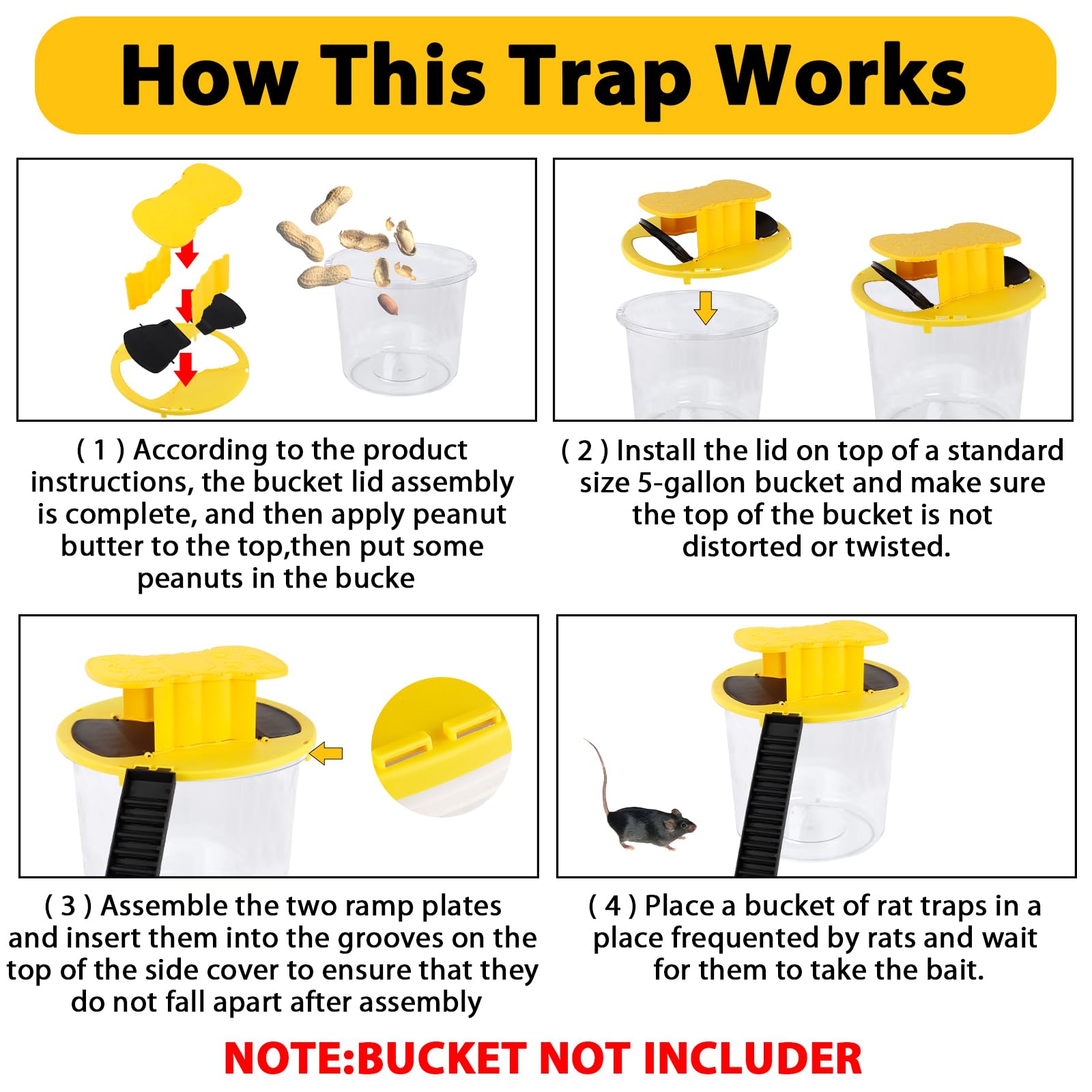 Mouse Trap Bucket,Bucket Lid Mouse Rat Trap, Reusable Humane Mouse Traps for Indoor Outdoor，Automatic Reset Bucket Lid Mouse Trap，5 Gallon Bucket Compatible（2 Pack cat Style）