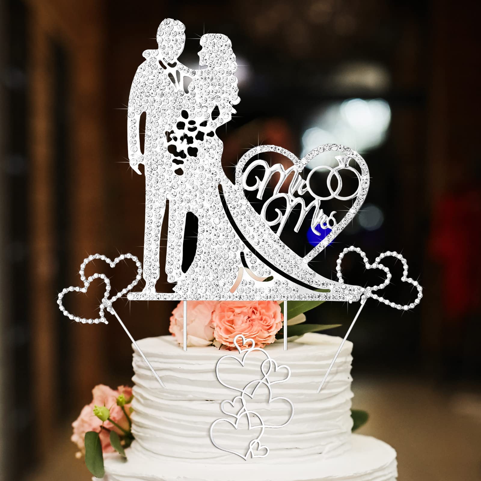 Spiareal 4 Pcs Wedding Cake Topper Mr and Mrs Rhinestone Bride and Groom Love Cake Topper Metal Happy Engagement Anniversary Cake Topper Wedding Party Cake Decor Cake Topper for Bridal Shower(Silver)