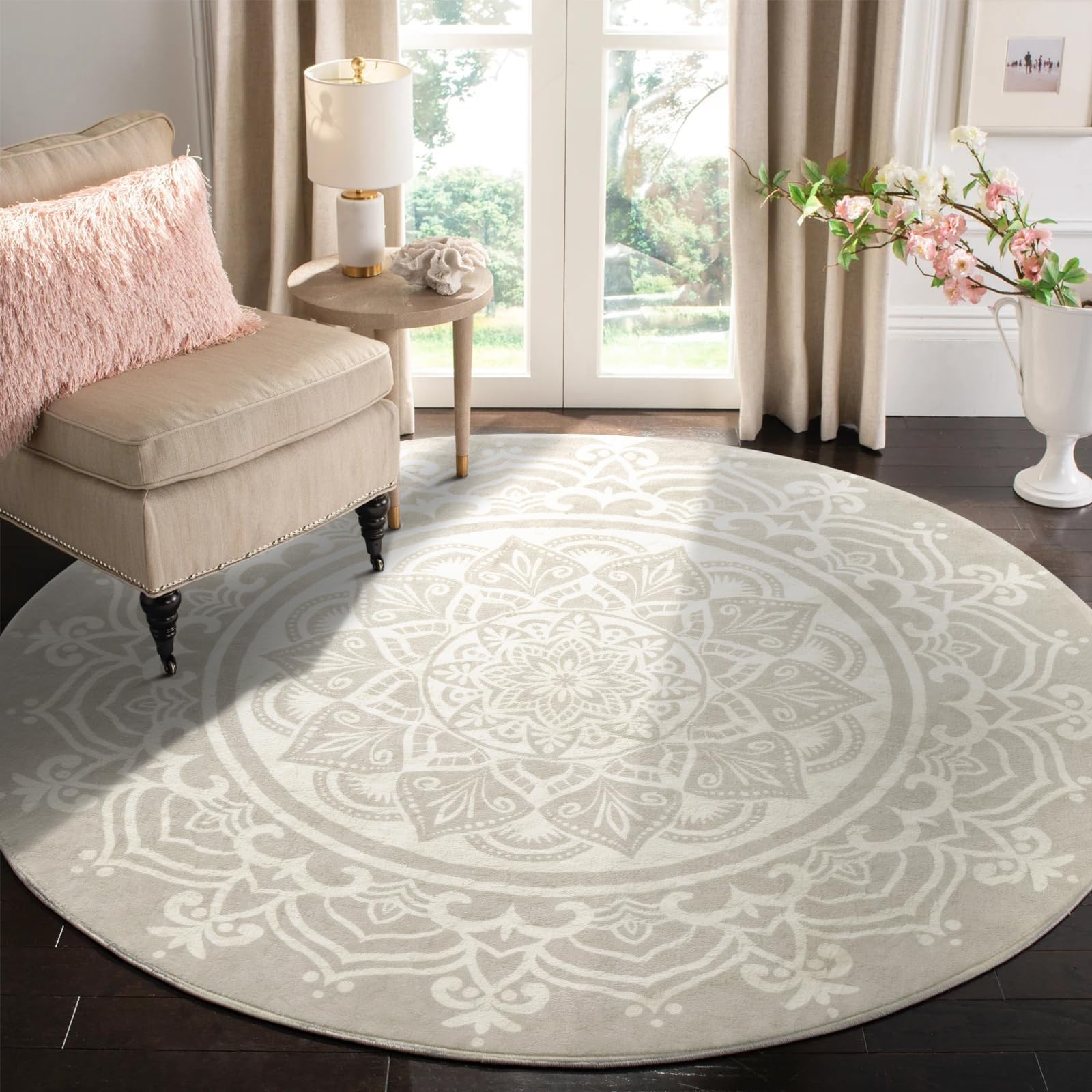 Carvapet 5' Round Boho Mandala Area Rug – Black and Ivory Chic Circle Rug, Non-Slip, Machine Washable Soft Throw Floor Mat for Entryway, Foyer, Living Room, Bedroom, Nursery, or Playroom