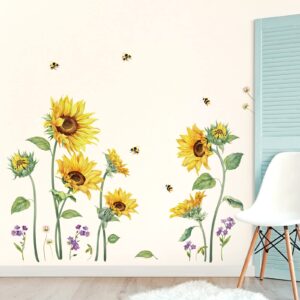 decalmile Large Sunflower Wall Decals Flower Grass Wall Stickers Bedroom Living Room Kitchen Wall Decor