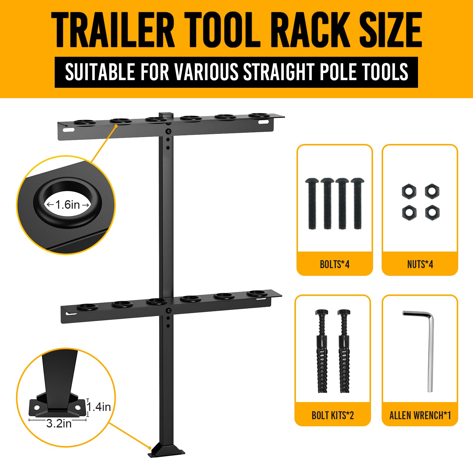 Fumingpal Trailer Tool Rack Shovel Holder - Rake Holder for Trailer Landscape Hand Tool Rack Trailer Rake Rack with 6 Tool Holes with Rubber Grommets