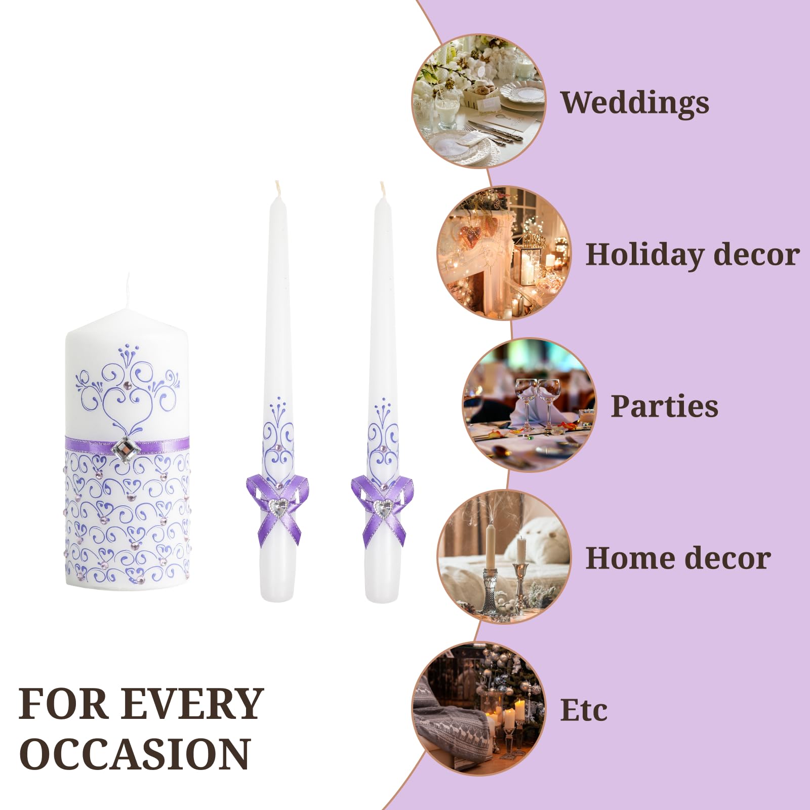 Wedding Candles for Ceremony Set Violet - Unity Candles Set of 3 Ceremonial Candles - 6" Pillar & 2 10" Tapers Wedding Candles velas matrimoniales