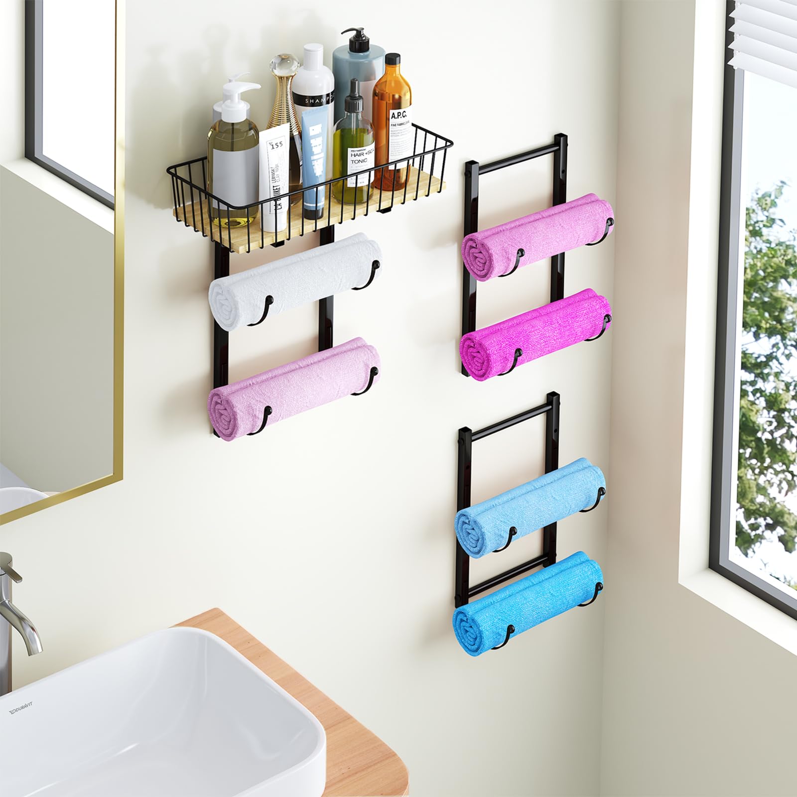 Simple Trending Wall Towel Rack for Rolled Towels, Mount Towel Holder for Bathroom Organizer, Black