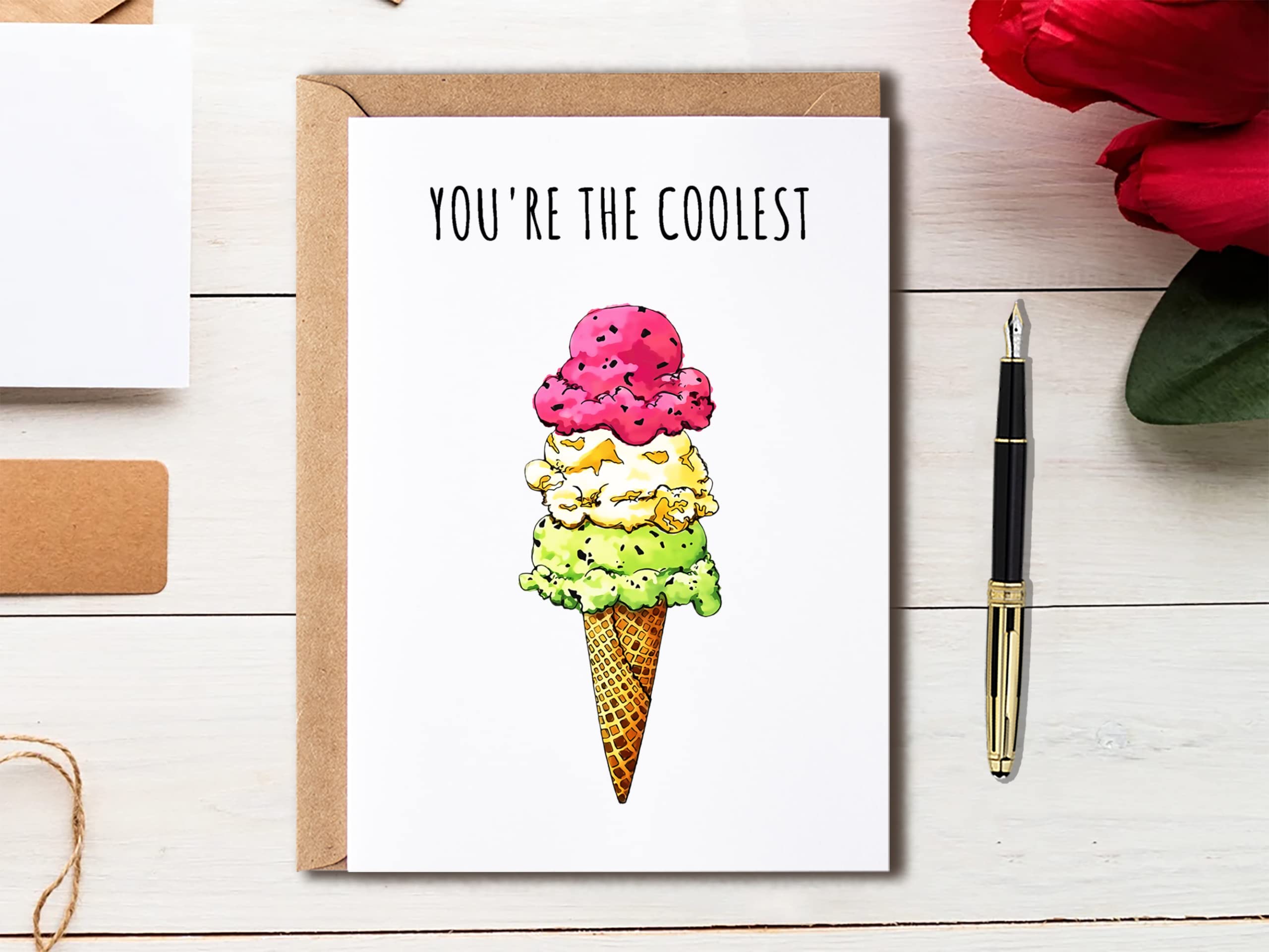 EdgarGifts You're The Coolest - Ice Cream Card - Love Card - Best Friend Card - Birthday Card - Cute Greeting Card - Cookie Card