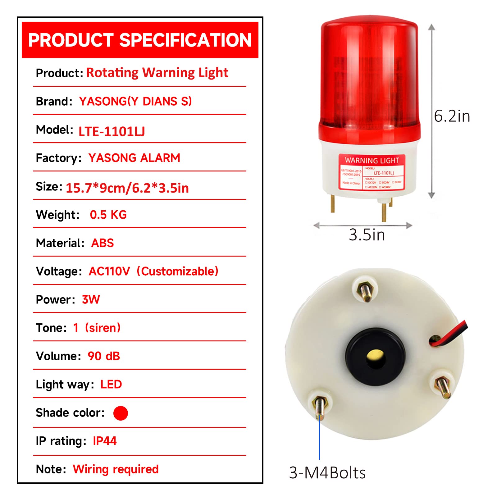 Y DIANS S Rotating Warning Strobe Light, Industrial Beacon Flashing Lights with 90dB Buzzer Emergency Security Alarm Siren for Factories, workshops, Equipment DC12V