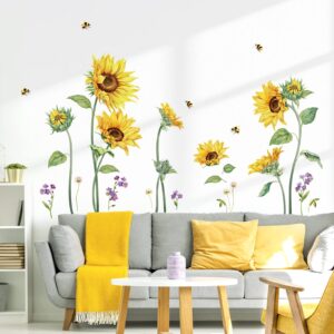 decalmile Large Sunflower Wall Decals Flower Grass Wall Stickers Bedroom Living Room Kitchen Wall Decor